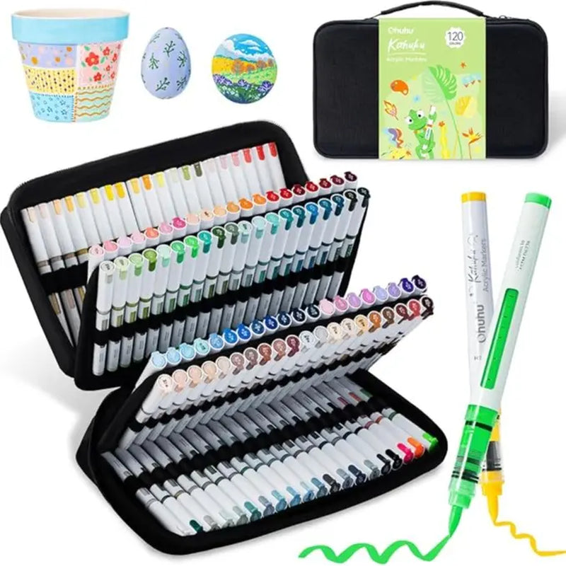 Ohuhu Acrylic Paint Markers: Brush Tip - 48 Colors / 72 Colors / 120 Colors - Automatic Ink Control Acrylic Markers High Opacity Paint Pens Water-Resistant Lightfast for Rock Painting 3D Prints Easter Egg Wood DIY Crafts - Kahuku Series of Ohuhu