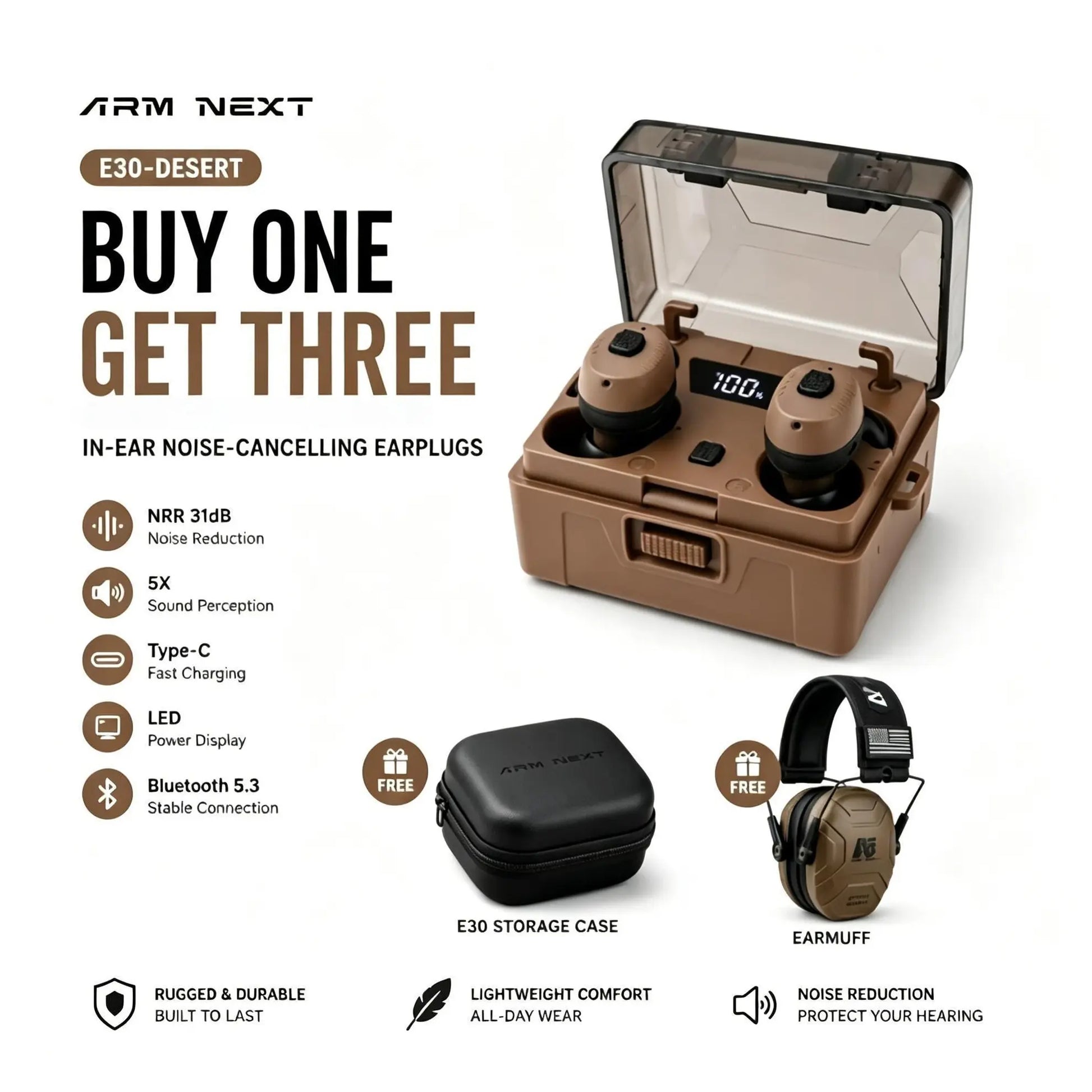 (A Free Gift) ARM NEXT Fieldops Tactical Earbuds E30 Hearing Protection with Bluetooth, 31Db Noise Reduction for Shooting Wireless Tactical Earbuds with Sound Pickup, Bluetooth 5.4, 50H Playtime, LED Display, for Hunting & Work Outdoorfun Fathersdayg