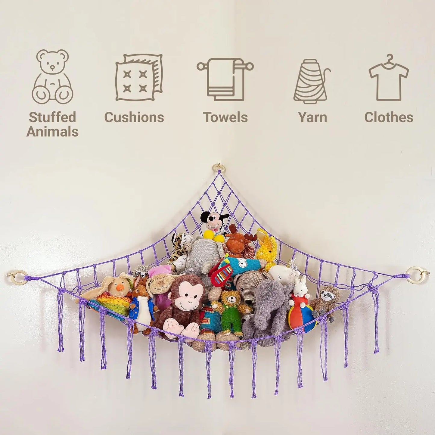 Large Stuffed Hammock Corner - Stuffed Storage - Cotton Macrame Stuffed Net - Stuff Organizer - Net for Stuffed Corner Large - Purple