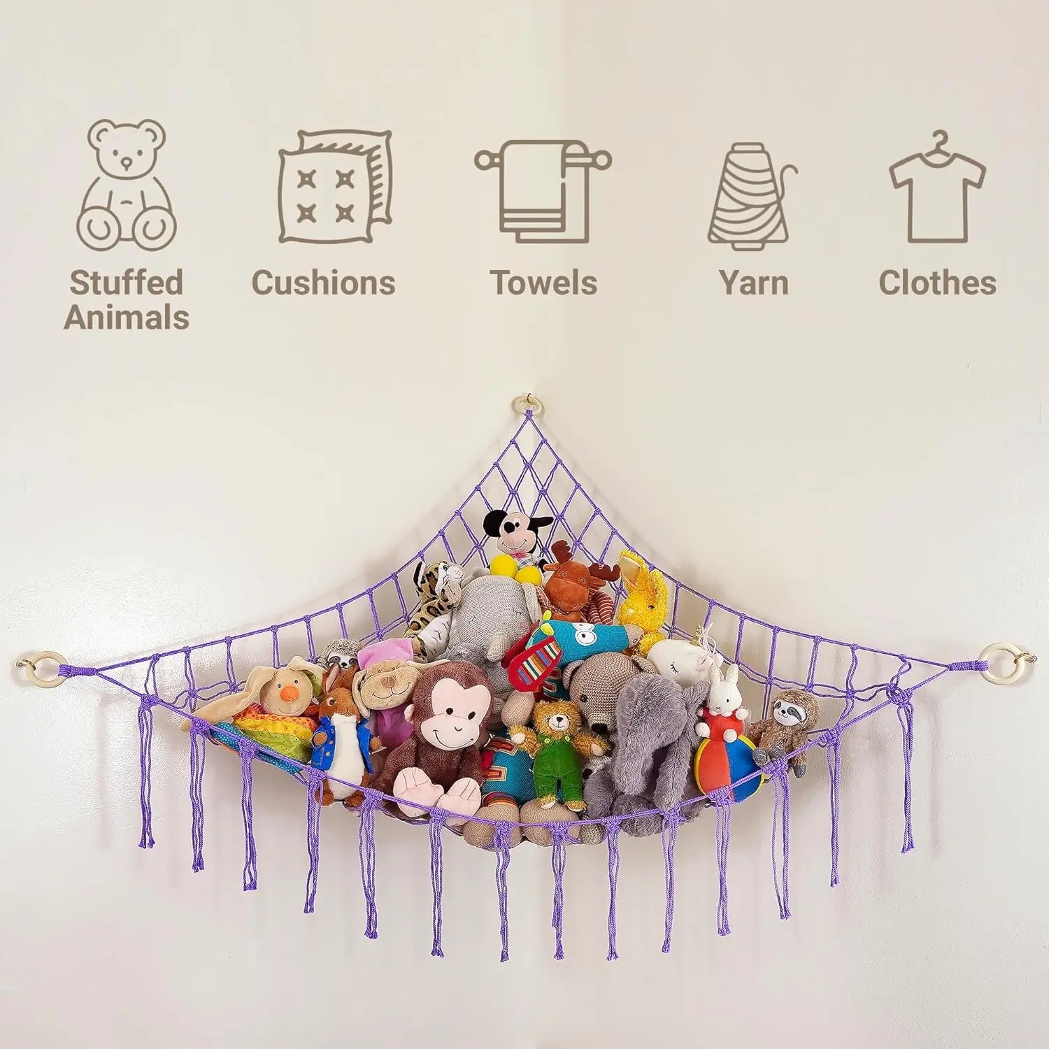 Large Stuffed Hammock Corner - Stuffed Storage - Cotton Macrame Stuffed Net - Stuff Organizer - Net for Stuffed Corner Large - Purple