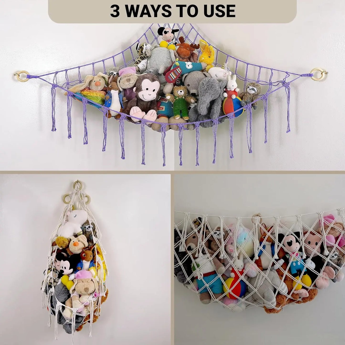 Large Stuffed Hammock Corner - Stuffed Storage - Cotton Macrame Stuffed Net - Stuff Organizer - Net for Stuffed Corner Large - Purple