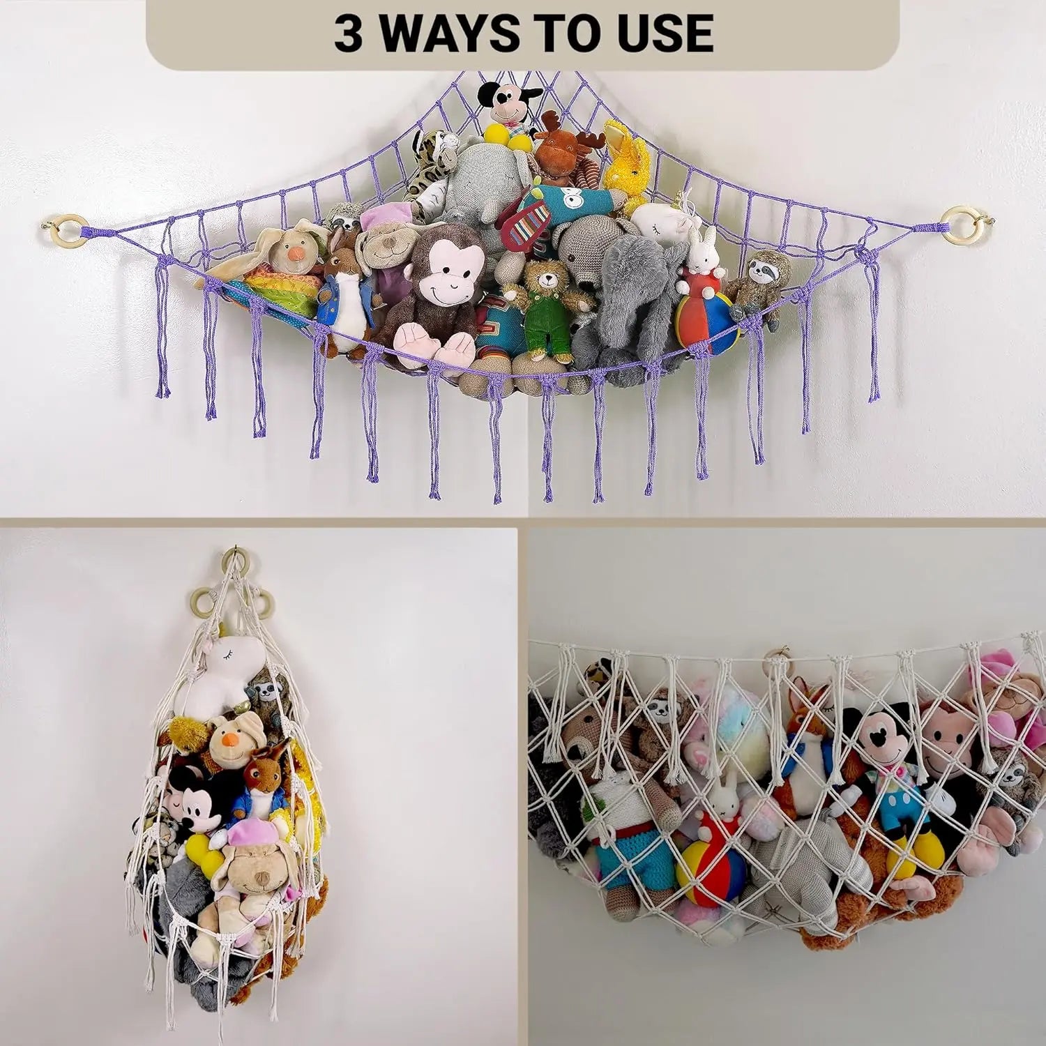 Large Stuffed Hammock Corner - Stuffed Storage - Cotton Macrame Stuffed Net - Stuff Organizer - Net for Stuffed Corner Large - Purple